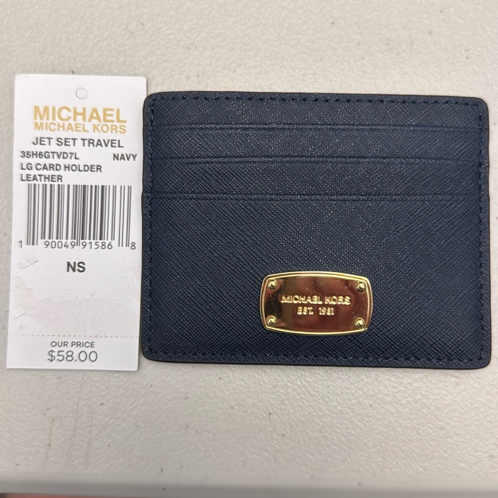 NEW Michael Kors Navy Jet Set Travel Leather Large Card Holder Metallic Logo.